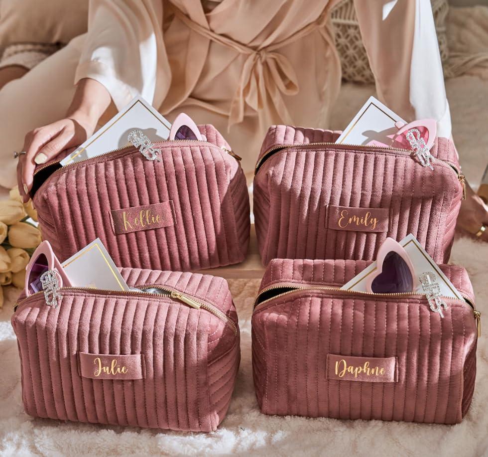 LalatiFy LalatiFy Custom Cosmetic Bag Personalized Makeup Bag with Logo/Photo/Labeled Design,Velvet Quilted Travel Toiletry Pouch Accessories Brushes Girls Women Gift for Wedding Birthday,Big Pink/Blue