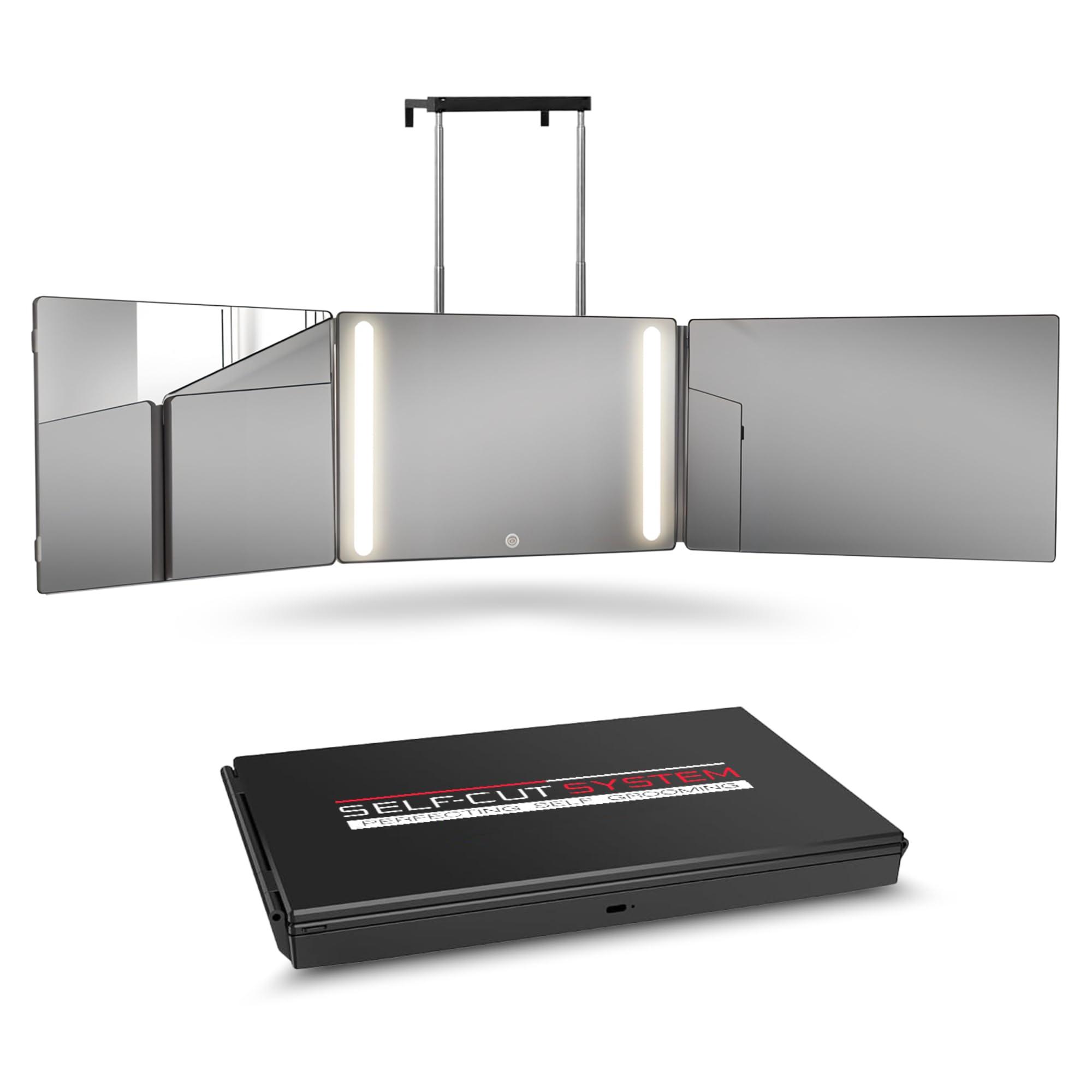 Self-Cut System Self-Cut System - 3 Way Mirror with Lights - Three Way Mirror for Self Hair Cutting - Over The Door Mirror - Trifold Mirror - 360 Mirror - Barber Mirror - Self Haircut Mirror (Travel 3.0 LED)