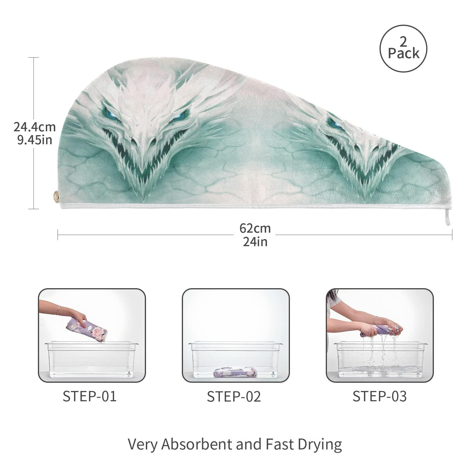 Poeticcity White Ice Dragon in White Stone Digital Painting Ripped Pattern 2 Packs Hair Towel Wrap, Absorbent Turban Bath Hair Towel Hat, Quick Drying Hair Towel with Button for Curly, Long, Thick Hair