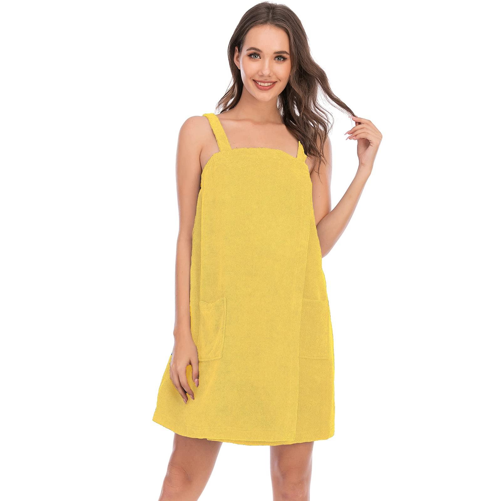 ANUFER ANUFER Womens Adjustable Bath Towel Wraps with Headband for Gym Shower Spa & Beach Cover Ups Yellow M