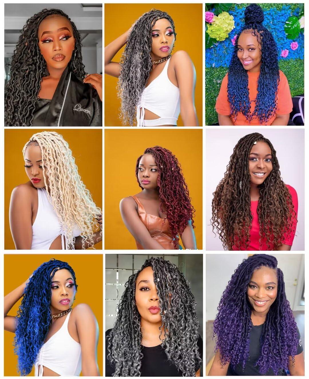 Alimiriam Long Goddess Locs Crochet Hair 8Packs 30inch Ombre Blue River Curls Crochet Hair Boho Faux Locs Wavy Crochet Curly Hair with Curly Ends Synthetic Hair Extensions(30\" 8Packs T1B/blue#)