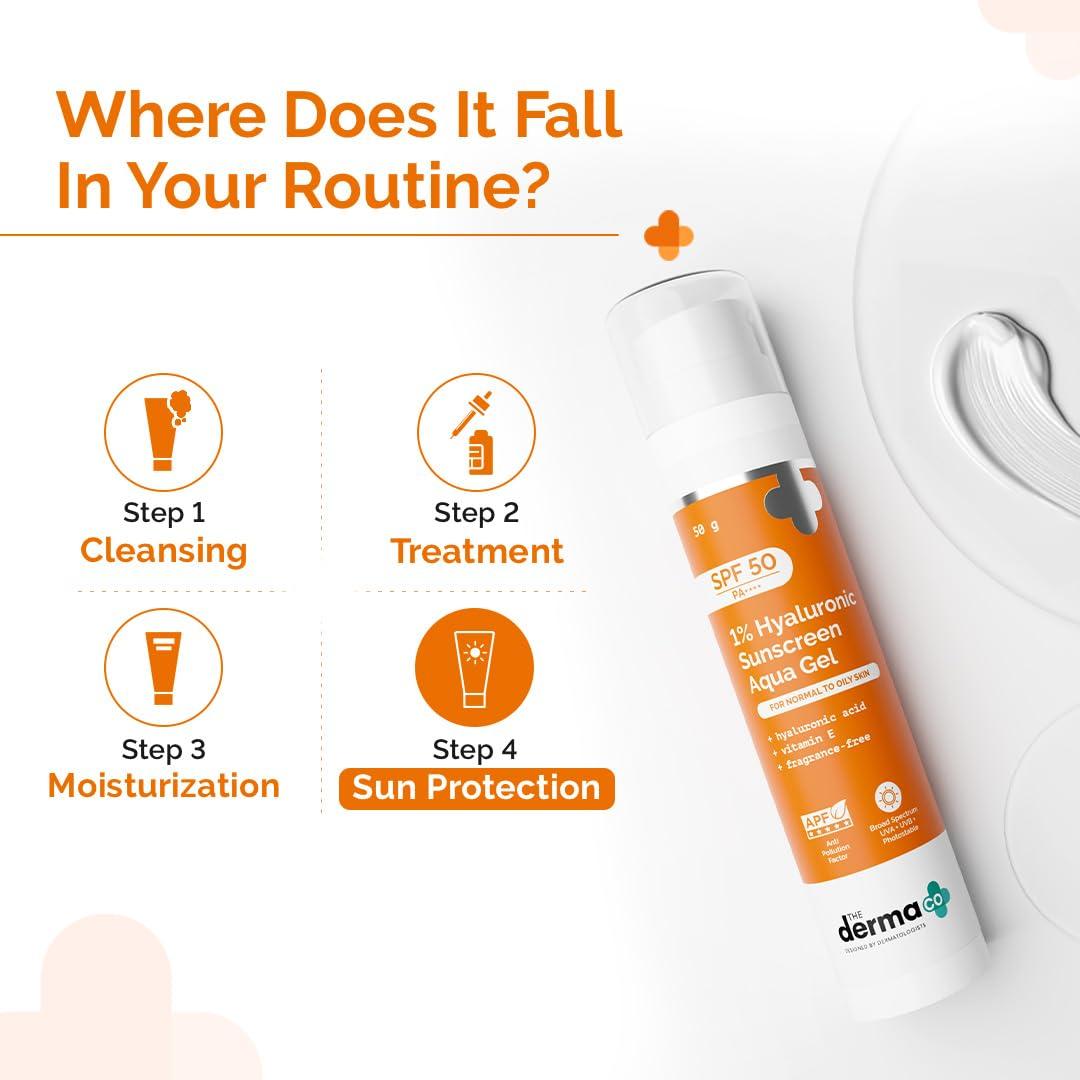 The Derma Co The Derma Co 1% Hyaluronic Sunscreen Aqua Gel with SPF 50 & PA++++ | Broad Spectrum UVA/B & Blue Light Protection | Lightweight & Quick Absorbing with Vitamin E | 1.76 Oz/50g