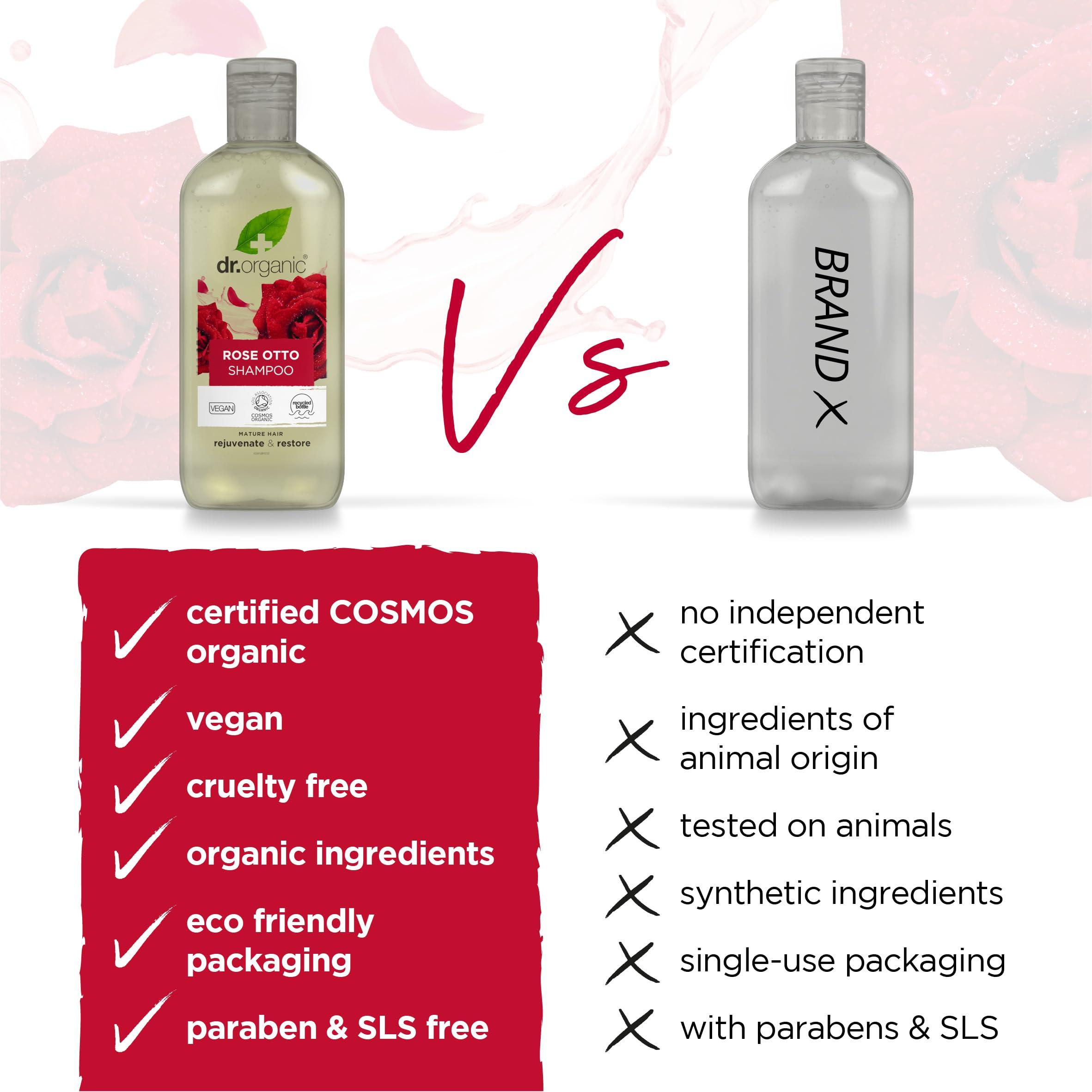 dr.organic Dr. Organic Rose Otto Shampoo, Restoring, Mens, Womens, Natural, Vegan, Cruelty-Free, Paraben & SLS-Free, Recyclable & Recycled Ocean Bound Plastic, Certified Organic, 265ml, Packaging may vary