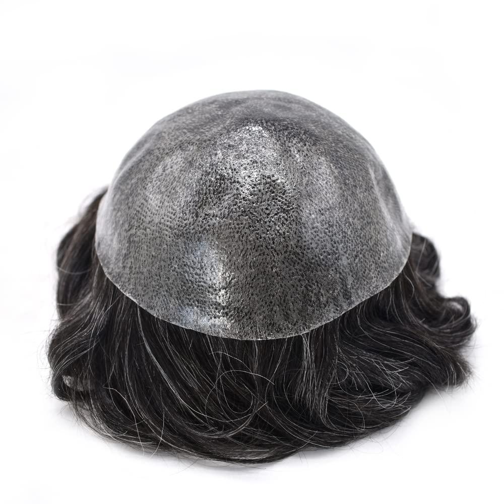 JUST HAIR Thin Skin Toupee For Men Hair Piece 0.12mm Injected Poly Skin Men Toupee 100% European Human Hair Units 8\'\'x10\'\' Scallop Front Men Hair System Natural Hairline US Stock. (8\'\'x10\'\'-120% Medium Light to Medium Density, #1B10 1B# OFF BLACK WITH