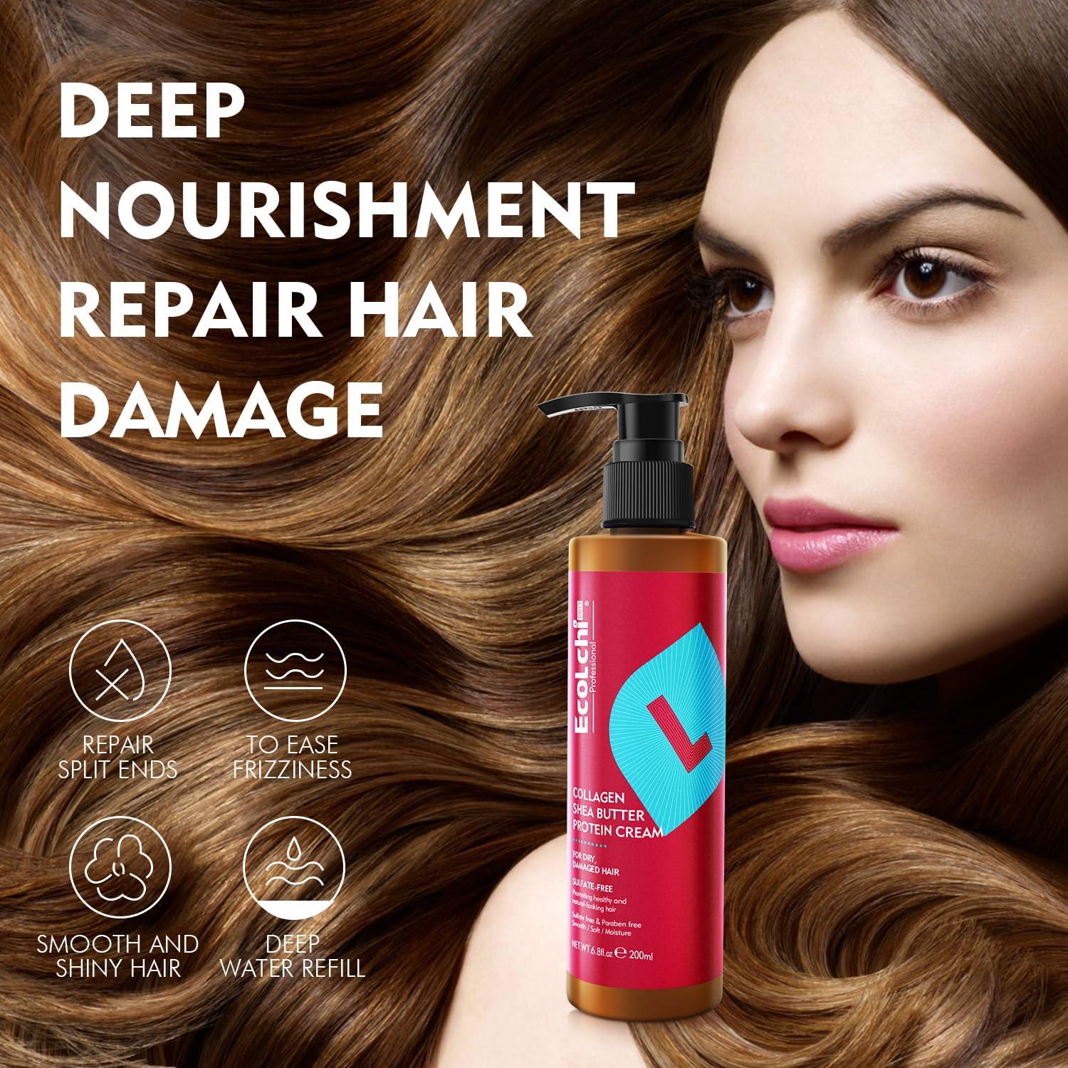 ECOLCHIPRO ECOLCHIPRO Ecolchi Collagen Leave-In Conditioner Cream Deep Restores Shea Butter Protein Cream Hair Treatment Smooth Glossy for Dry and Damaged All Hair Types 200ml 6.8 fl.oz