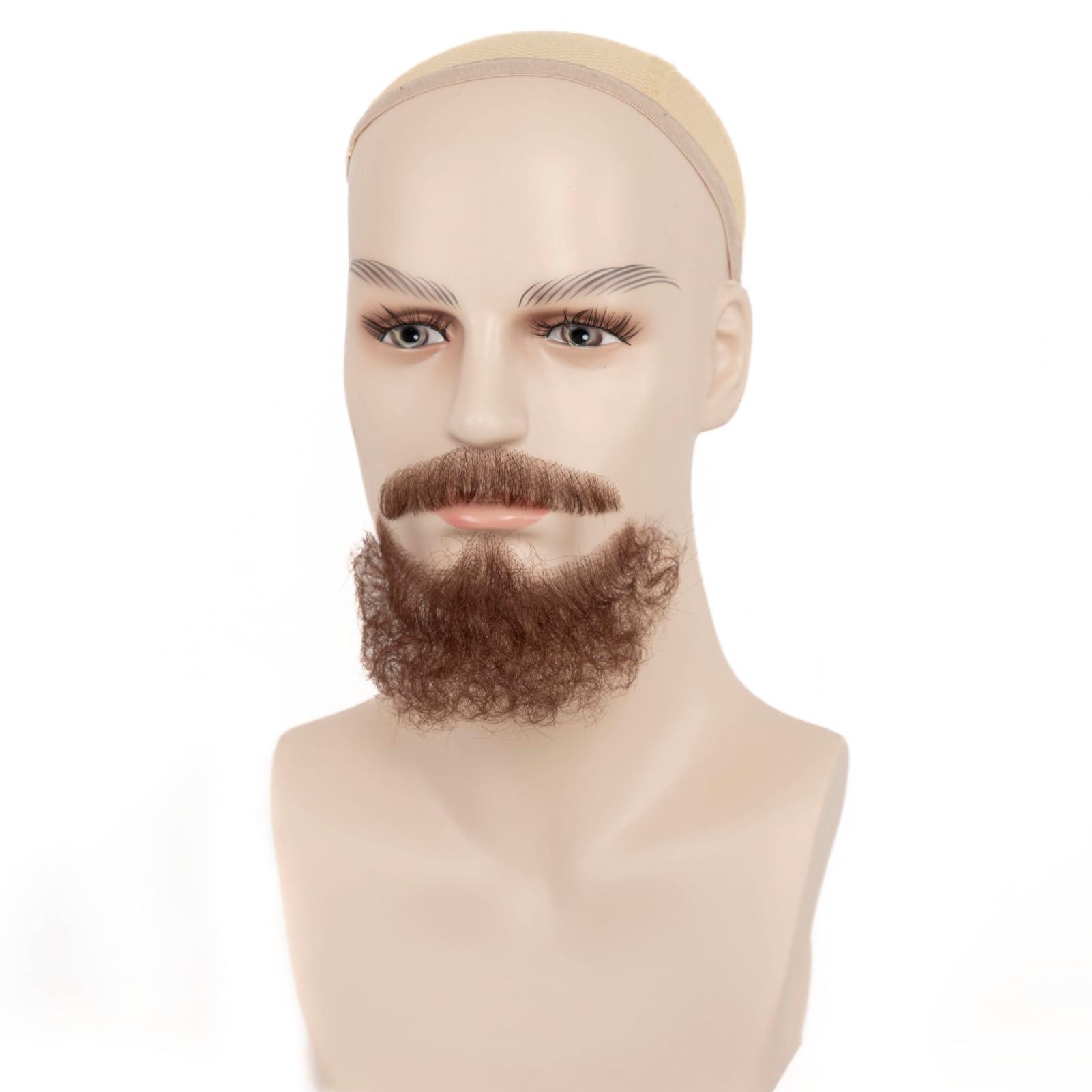 XRDDFL XRDDFL Fake Beard Human Hair Realistic Fake Mustache for Men, Full Hand-tied Invisible Lace Based Fake Facial Hair Brown False Goatee Beards for Halloween Cosplay Costume Party Drama