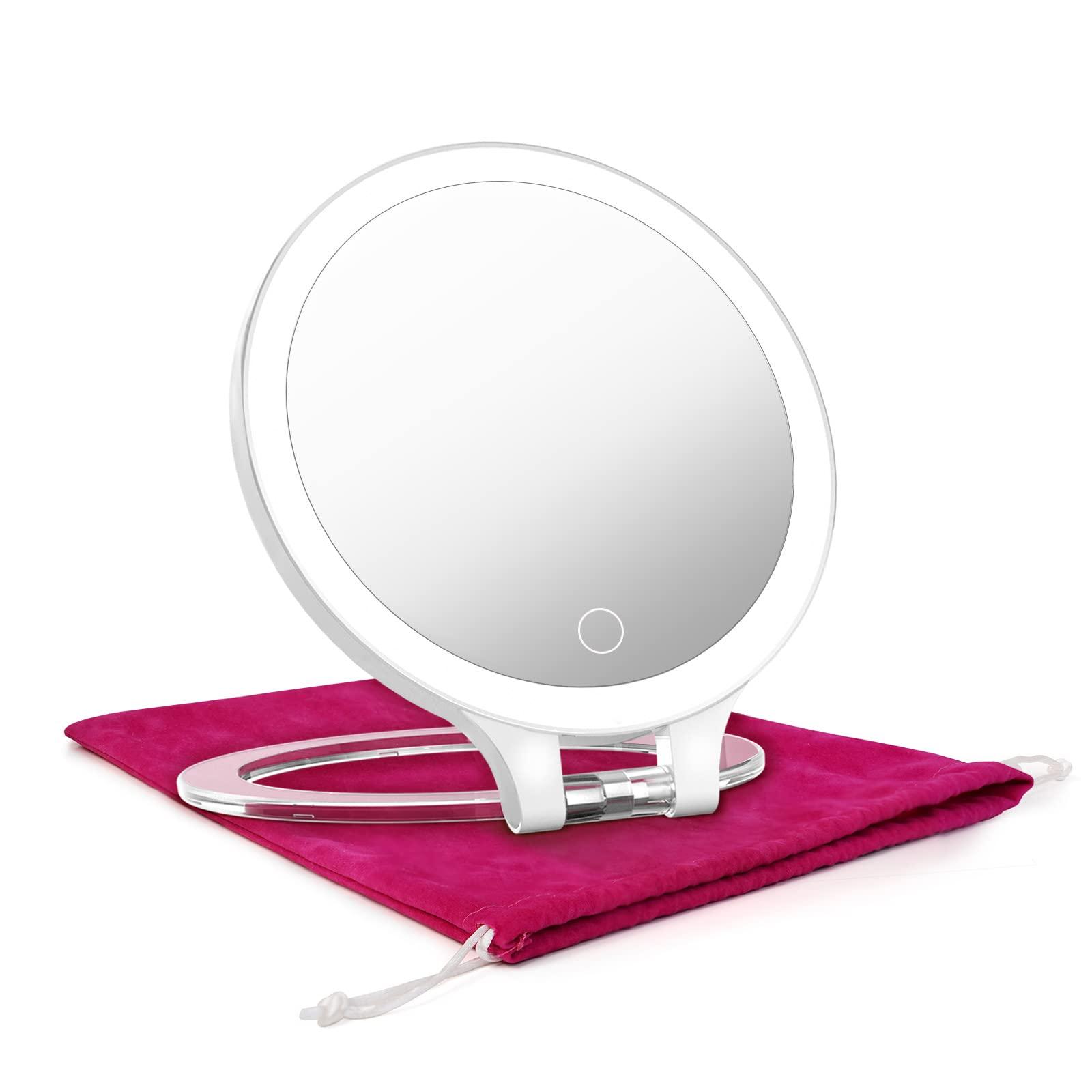 Famihomii Magnifying Travel Magnifying Mirror with Light, Makeup Mirror with 3 Color Lights and Magnification, Lighted Rechargeable Portable Cosmetic Foldable Mirror, Dimmable Adjustable Rotation with Bag