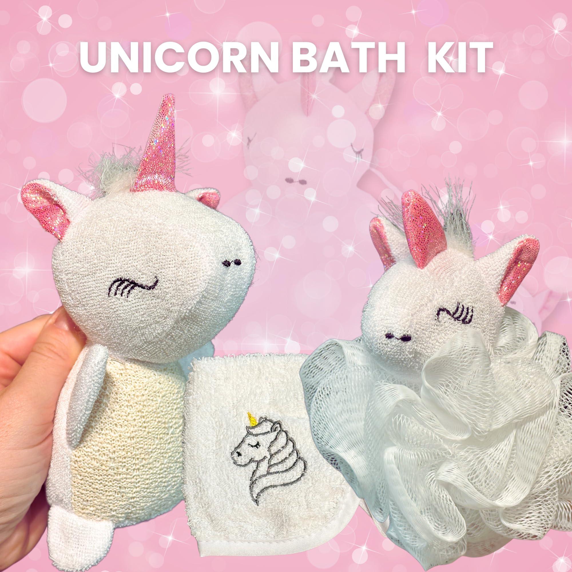 Pure Body Kids Bath Sponge Kit, White Unicorn Shaped Mesh Sponge, Facial Towel and Double Strap Bag