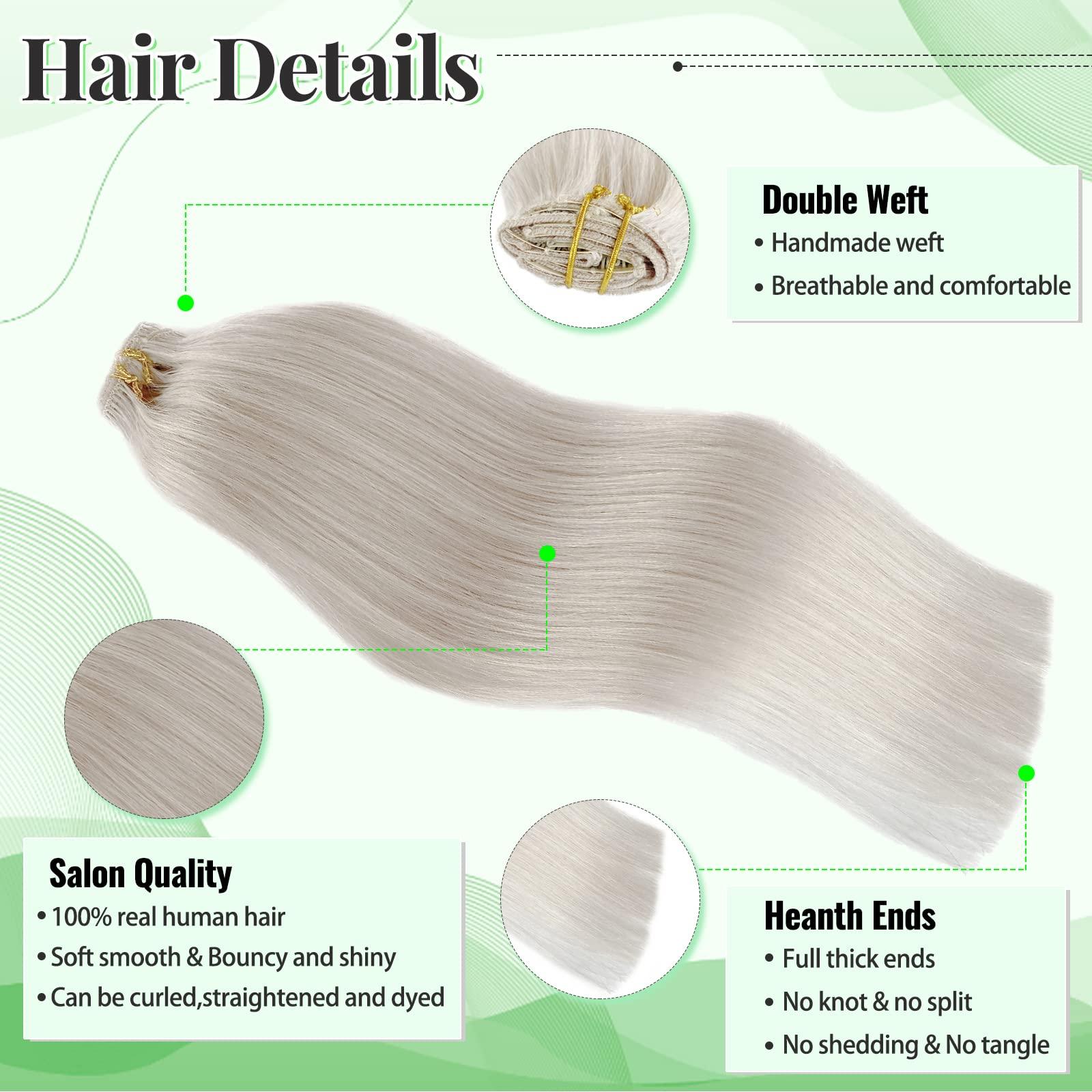 SOSEXY Clip in Hair Extensions Ice White Remy Human Hair Extensions 70g 5pcs Silk Straight Double Weft Real Human Hair Clip in Extensions 16 Inch Hair Extensions Clip ins Full Thick Ends Hair Extensions
