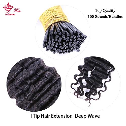 Queen Hair Queen Hair Products Deep Wave I Tip Microlinks Hair Extension Human Hair Brazilian Virgin Hair Bulk I Tip Hair Extensions For Black Women (14inches, I-Tip Hair DW)