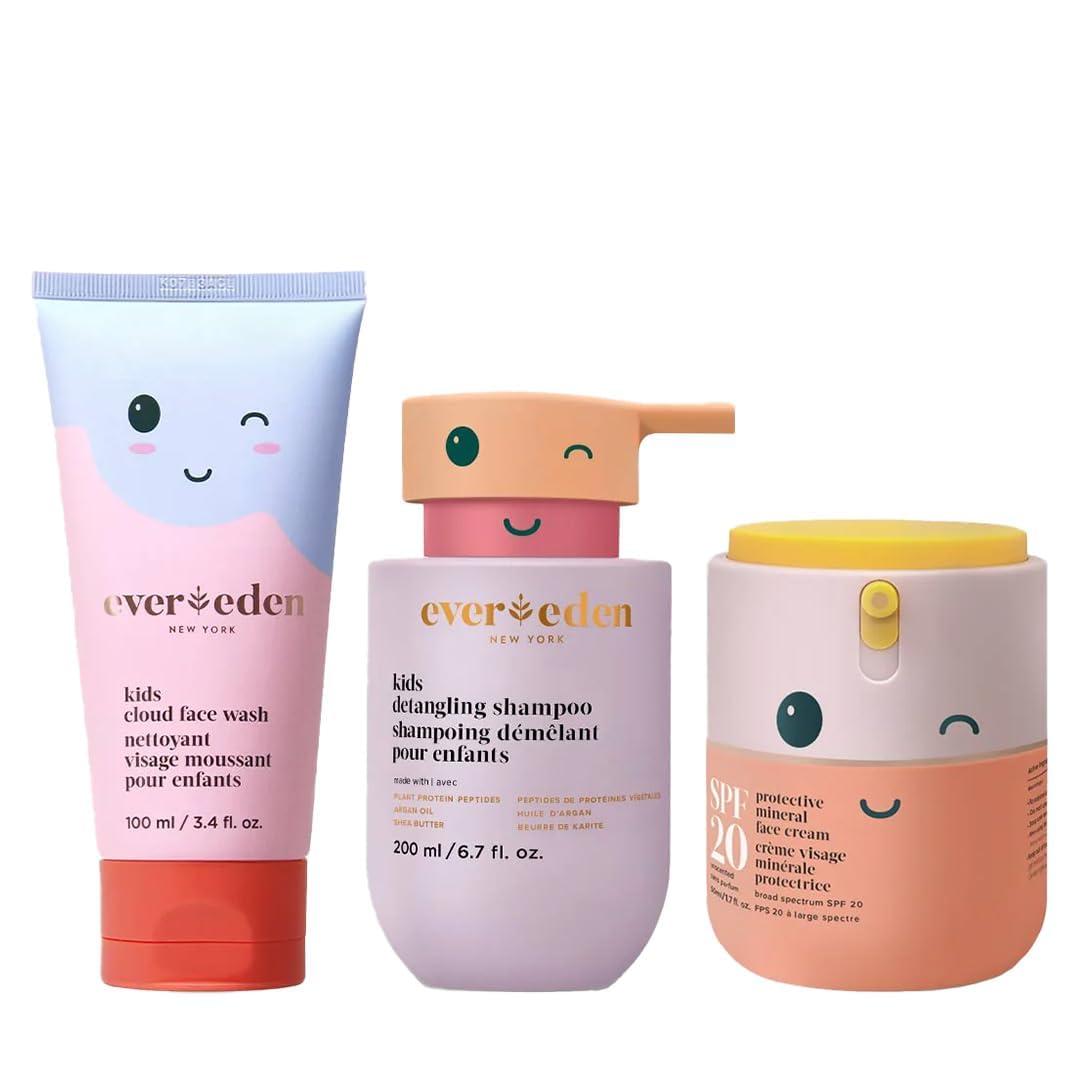 Evereden Evereden Kids Healthy Habit TRIO : Clean & Vegan Skin & Hair Care for Kids Bundle | Kids Skin Care Cloud Face Wash + SPF 20 Mineral Face Cream + Kids Shampoo - Detangling | Clean Ingredients