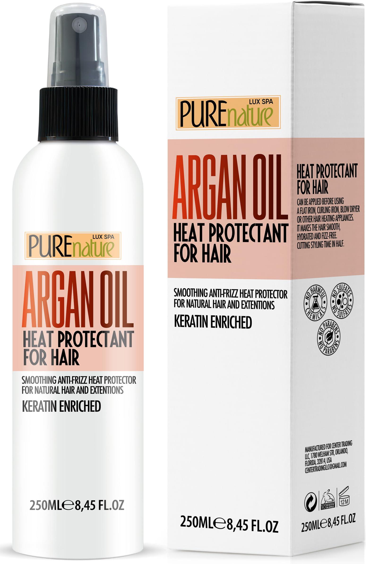 PURE NATURE LUX SPA PURE NATURE Lux Spa Moroccan Argan Oil Shampoo and Conditioner Set, Heat Protectant Spray, Hair Serum with Keratin, Biotin, Rosemary & Castor Oil for Hair Protection, Repair and Shine (3 Count)