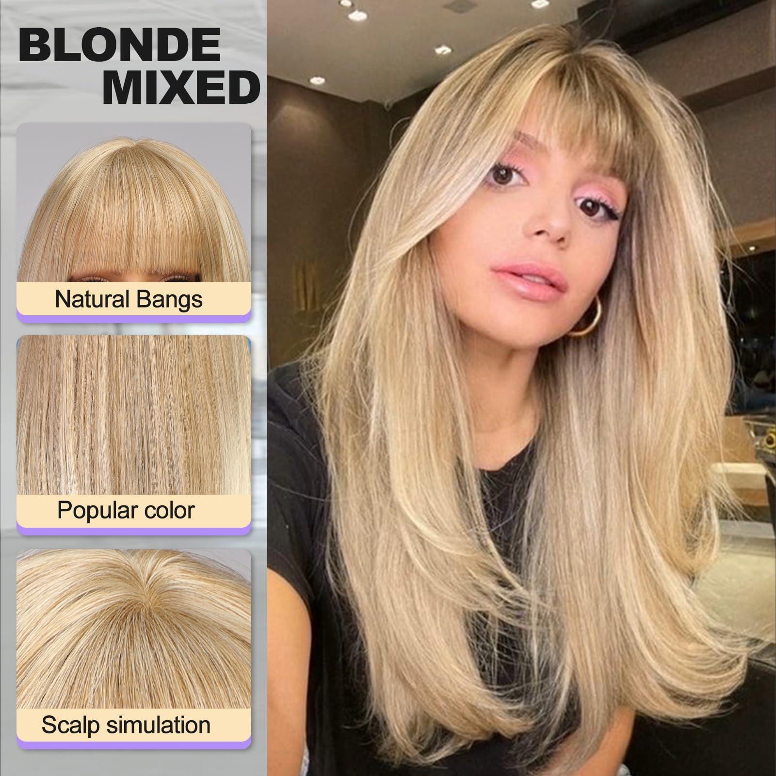 KOME KOME Blonde Highlight Long Layered Wig with Bangs,Straight Hair Wigs for Women,Synthetic Heat Resistant Natural Looking Hair Wig for Party Cosplay Dality Use