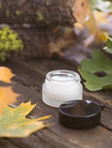 JUVITUS Frosted Clear Glass 5 ml 1/6 oz Small Thick Wall Balm Salve Pot Container Jars with Black Smooth Foam Lined Lids (24 Pack)