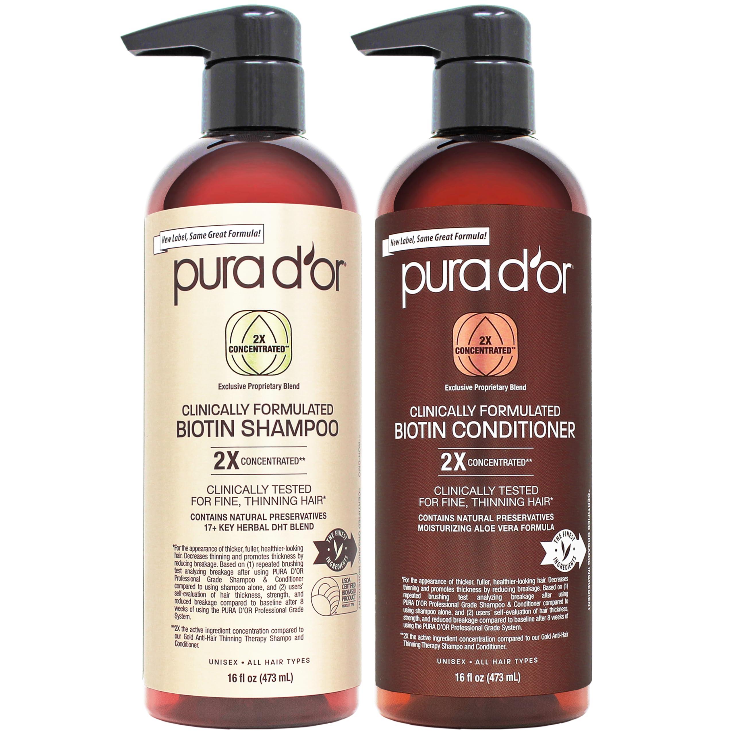 PURA D'OR PURA D\'OR Professional Grade Clinically Formulated Biotin Shampoo & Conditioner For Hair Thinning - 2X Concentrated DHT Blocker Thickening Products For Women & Men, Sulfate Free, 16oz x2