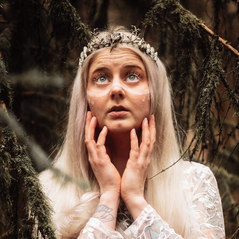 CoTeeZa CoTeeZa Green Fairy Crystal Crown - Handmade Raw Quartz Tiara with Bronze Crow Branch Moon Elf Headpiece Fantasy Forest Witch Crown Wedding Renaissance Halloween Cosplay Woodland Headband