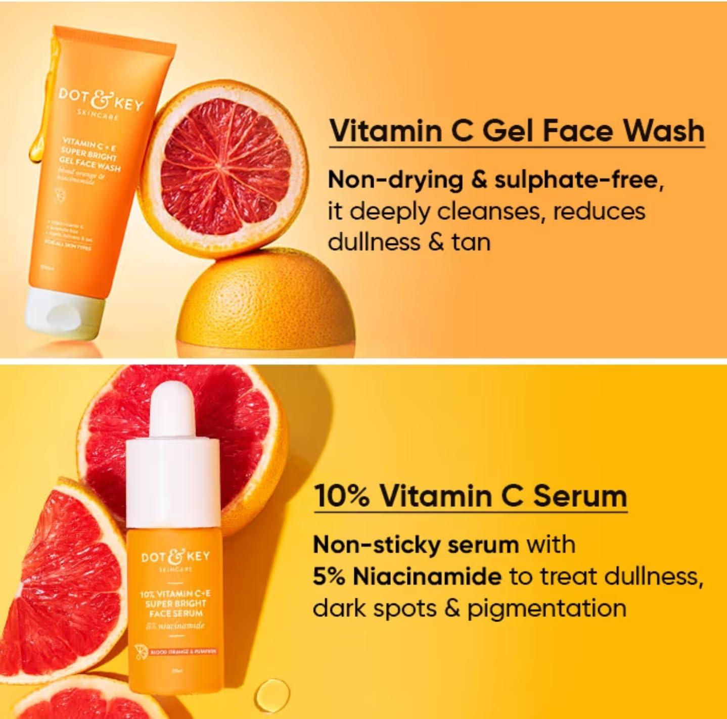 RS.H Global Dot'&'Key Vitamin C + E Complete Skin Care Combo kit | Face Wash (100ml), Face Serum (30ml), Moisturizer (60ml), Sunscreen (50g) | Vitamin C Daily Glow Booster Combo for All Skin Types (Pack of 4)