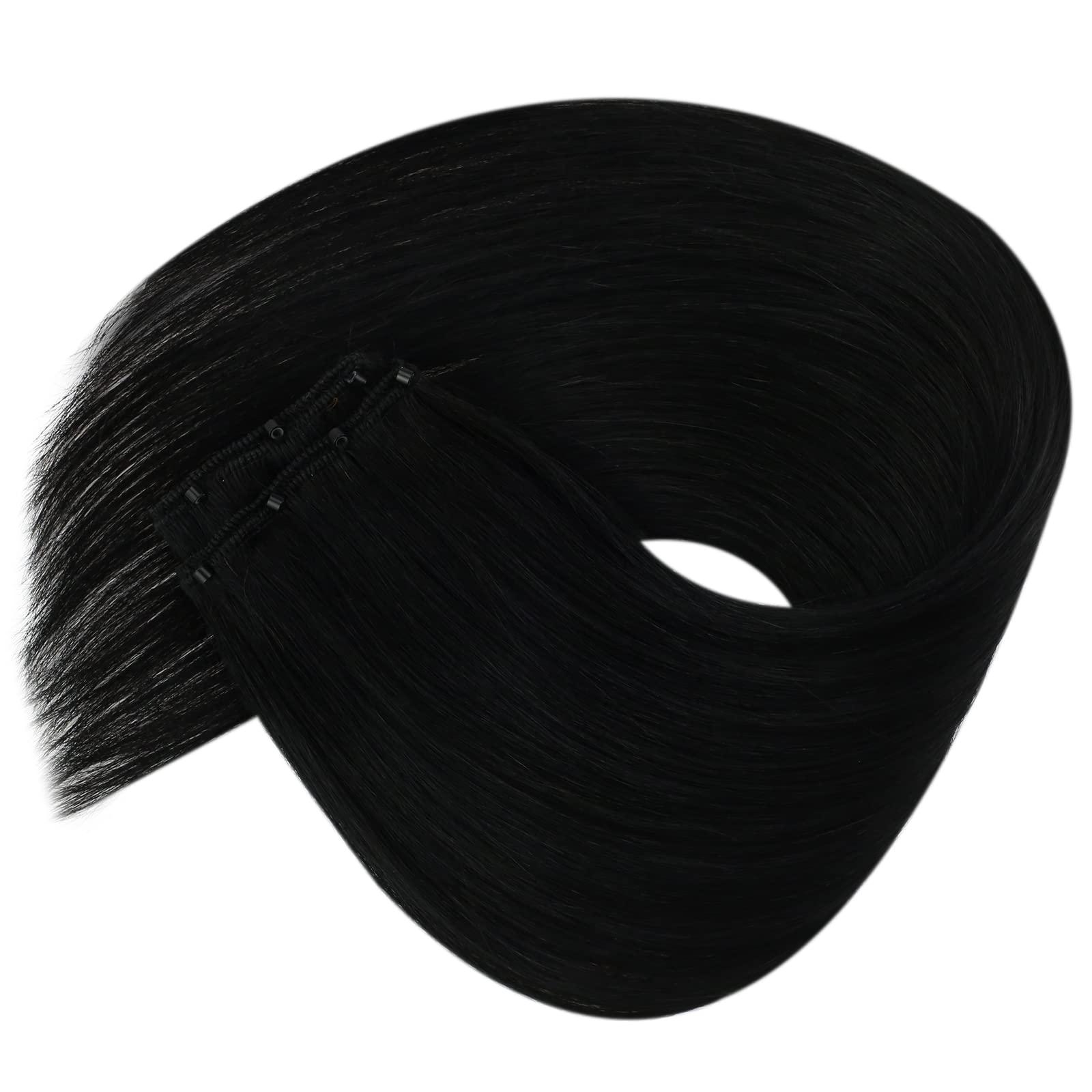 Sunny Hair Sunny Hair Beaded Weft Hair Extensions Human Hair 50G Micro Bead Hair Extensions Real Human Hair Vigorous Straight Weft Hair Extensions with Micro Beads Jet Black 16 inch