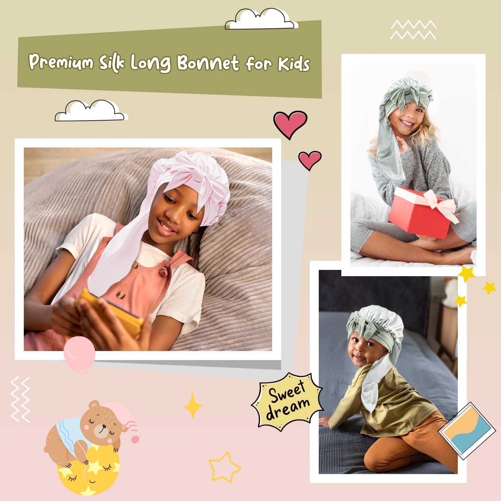 Lolalet Lolalet Kids Bonnets for Girls, Long Silk Bonnet for Sleeping Kids Satin Bonnet Cap with Tie Band for Dreadlocks Braid Afro Curly Hair -2 PCS, Green & Pink