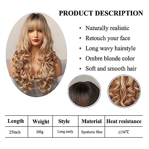 SJDPZ69KJ SJDPZ69KJ Wig 25inch Ombre Brown Champagne Blonde Highlight Long Loose Wave Synthetic Hair Wigs with Bang Heat Resistant Fake Hair for Women for Women Natural Looking Wigs