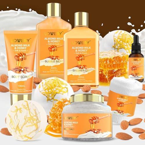LOVERY Gift Basket for Women - 10 Pc Almond Milk & Honey Beauty & Personal Care Set - Home Bath Pampering Package for Relaxing - Spa Self Care Kit - Thank You, Birthday, Mom, Anniversary Gift