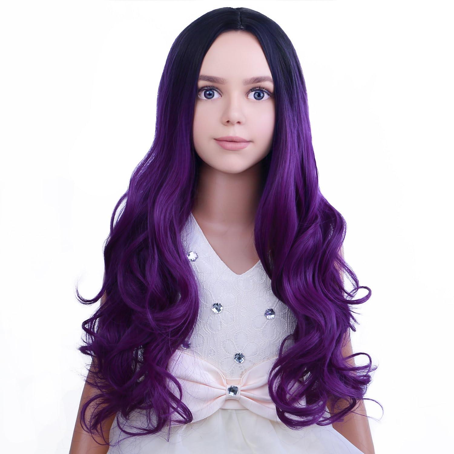 PATTNIUM PATTNIUM Dark Purple Wig Kids Child Wig Long Curly Wavy Wig Ombre Purple Wig Middle Part Girls Wig Black to Purple Wigs Heat Resistant Synthetic Hair Wig with Wig Cap