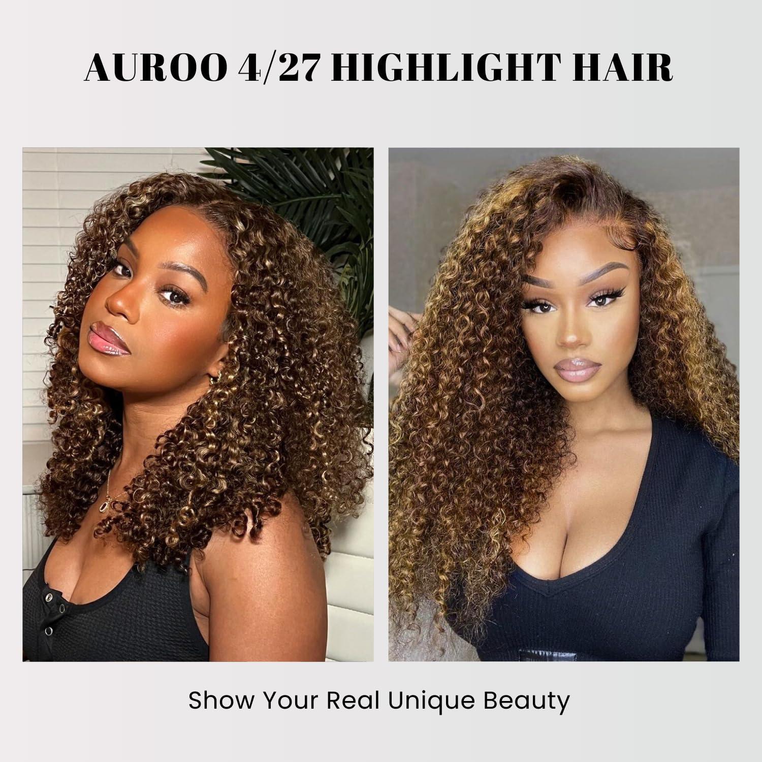 AUROO AUROO Honey Blonde Highlight Tight Kinky Curly Human Hair Single Bundles, 10A Burmese Curly Weave Bundles Human Hair 100% Virgin Remy Bundle Ombre #P4/27 Colored Kinky Curly Thick Tracks Sew in 16 In