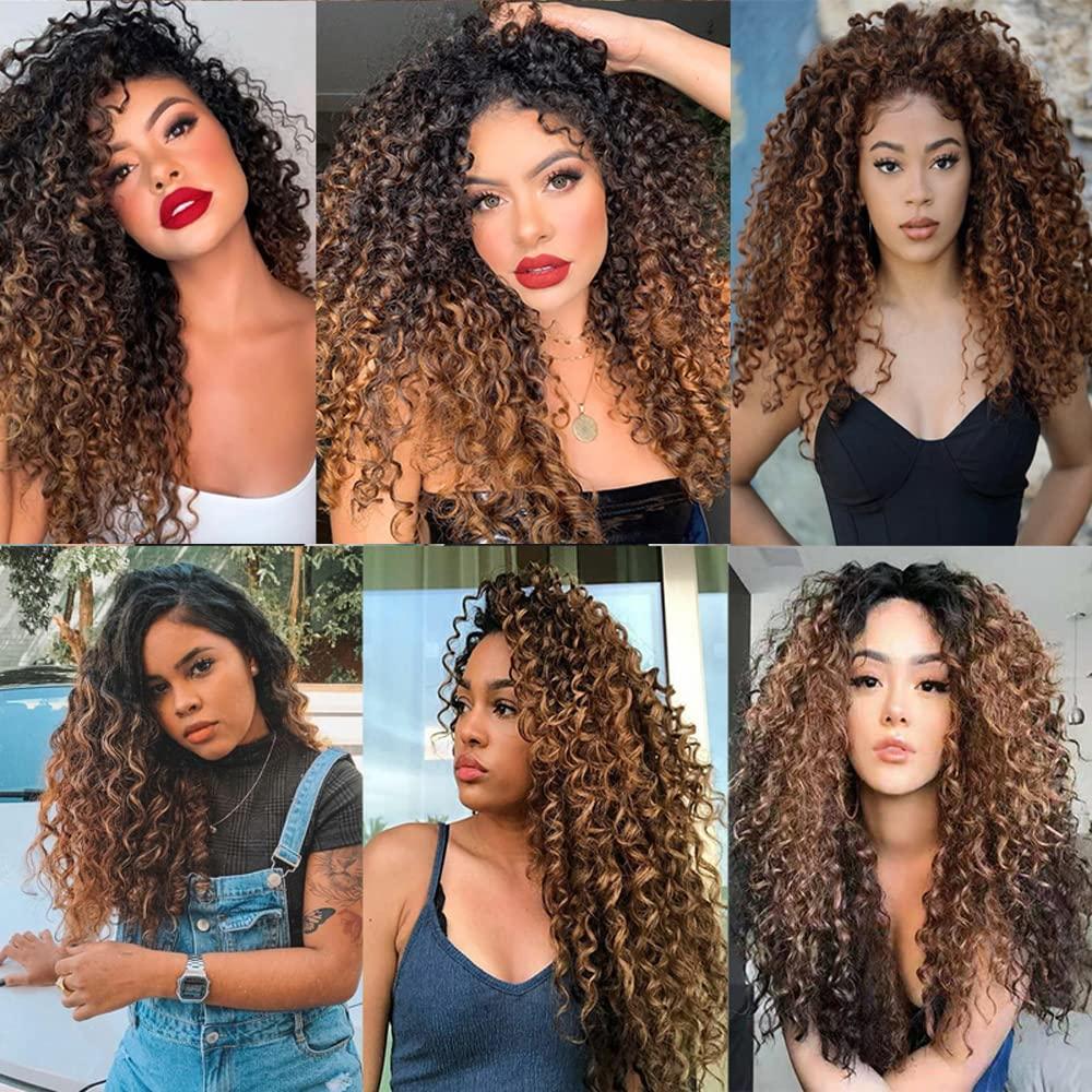 LadrXadr 1B/30 Kinky Curly Bundles Ombre Brown Human Hair Bundles Mixed Length 3 Bundles 20 22 24 Inch Two Tone Black and Brown Bundle Ombre Kinky Curly Bundles Hair Extensions for Women