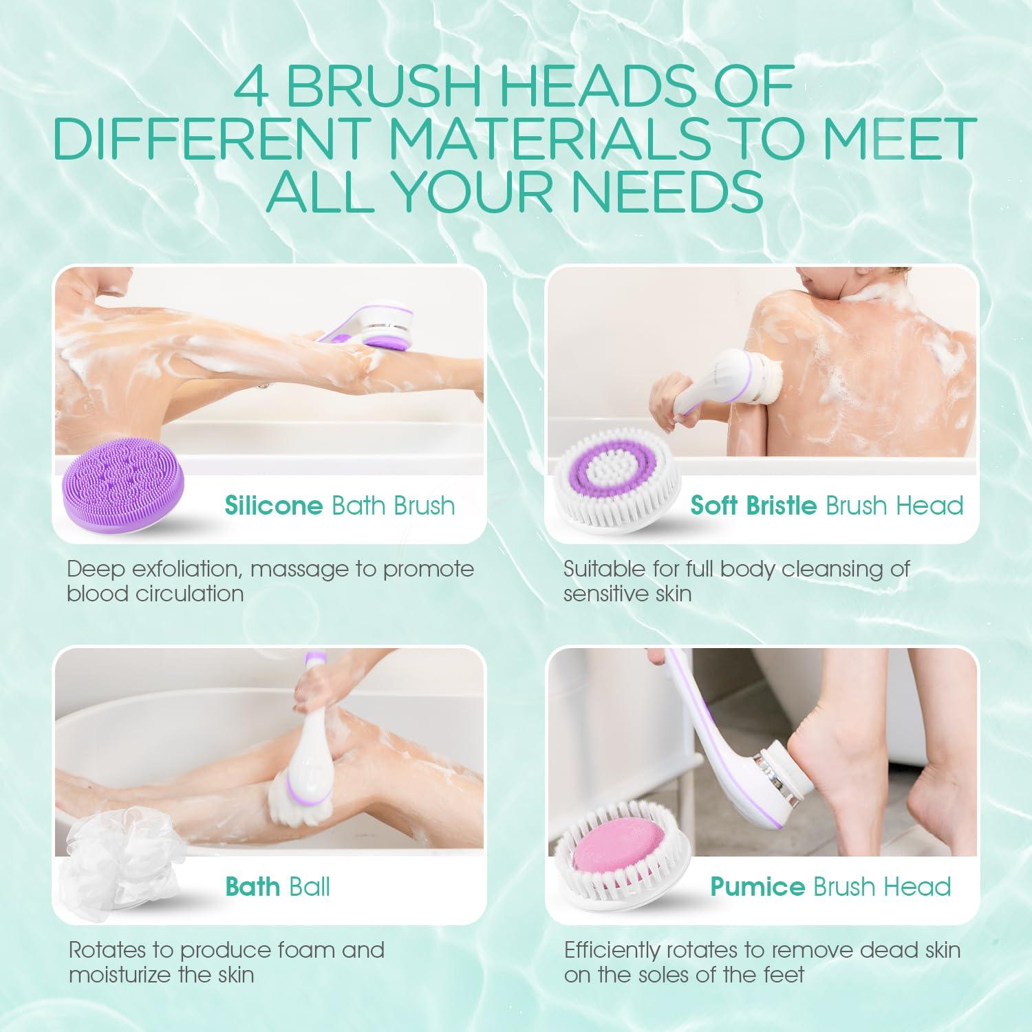 VOYOR VOYOR Electric Body Brush Back Scrubber for Shower Rechargeable Exfoliating Bath Brush Powered Shower Brush with Non-Slip Long Handle Deep Cleansing, Exfoliation, Massaging Spin Brush BC100 (Purple)