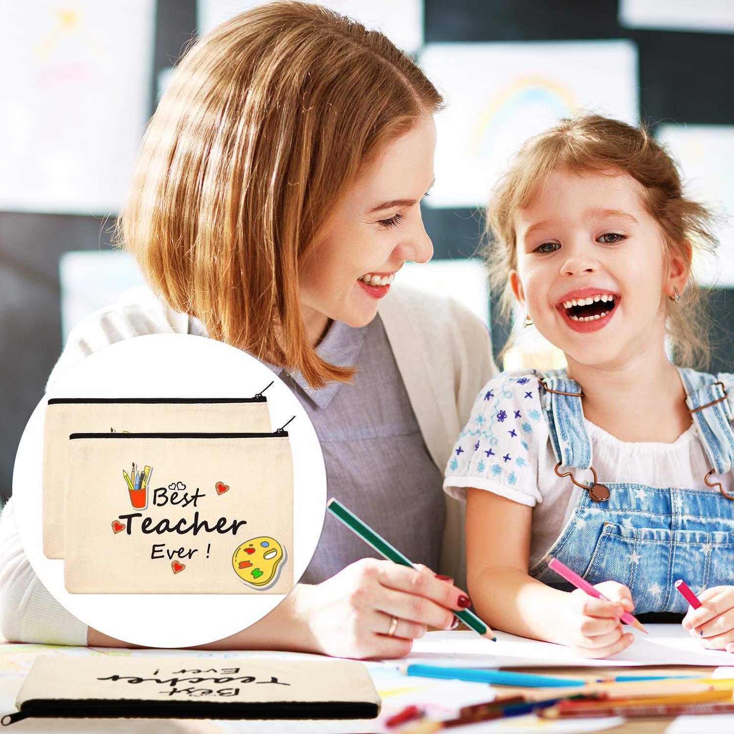 Frienda Frienda 12 Pieces Teacher Makeup Pouch Canvas Cosmestic Bag with Zipper Cosmetic Purse Travel Toiletry Case for Teacher Appreciation Gift (Heart Pattern)