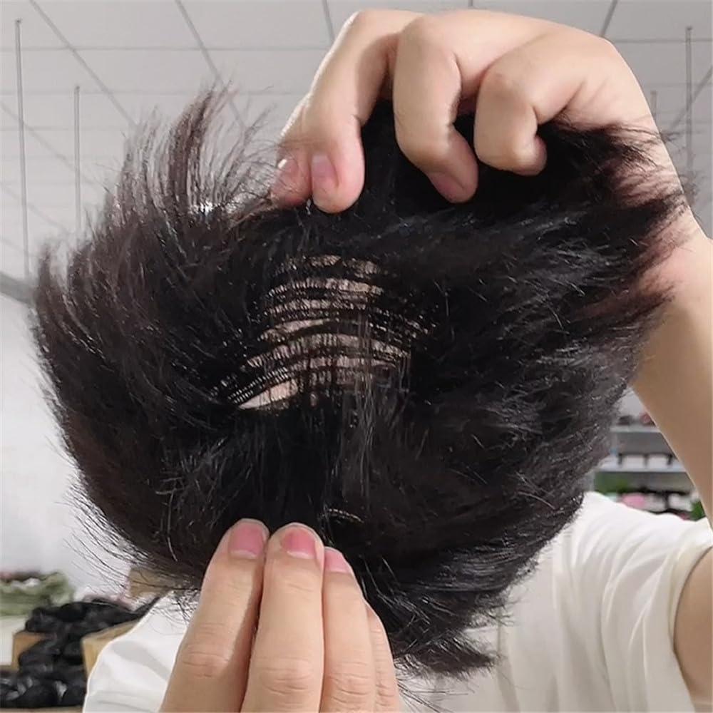BeLongsYou Men Forehead Toupee, Hair Clip/Glue in Hair Replacement System Wig, Human Hair Piece PU Thin Skin for Hair Lose Hand Made,Short,16x21cm