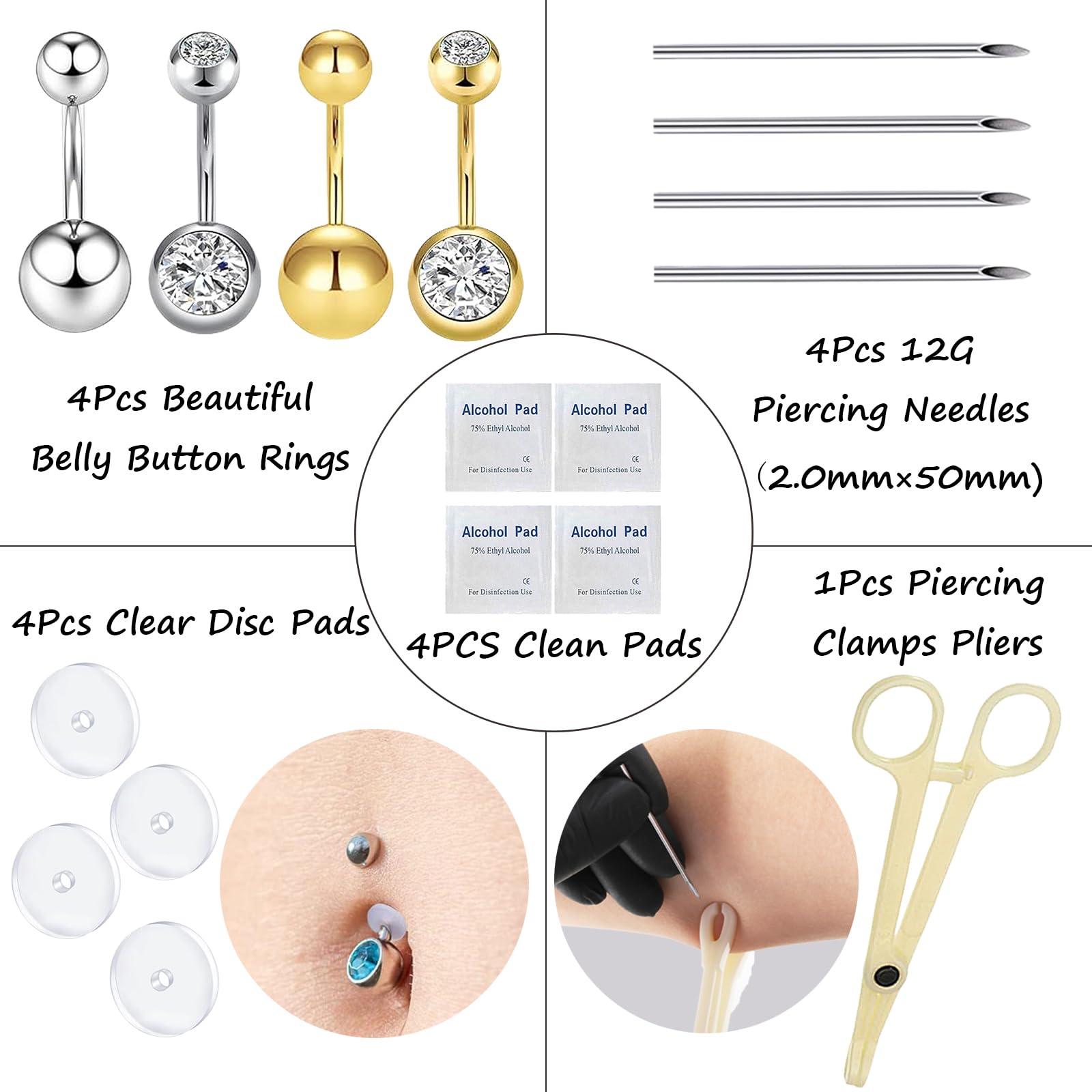 orilace orilace Belly Button Piercing Kit, 12g Piercing Needle Kit Stainless Steel Belly Button Rings Piercing Clamp At Home Piercing Tool Navel Piercing Kit (G+S-Blue)