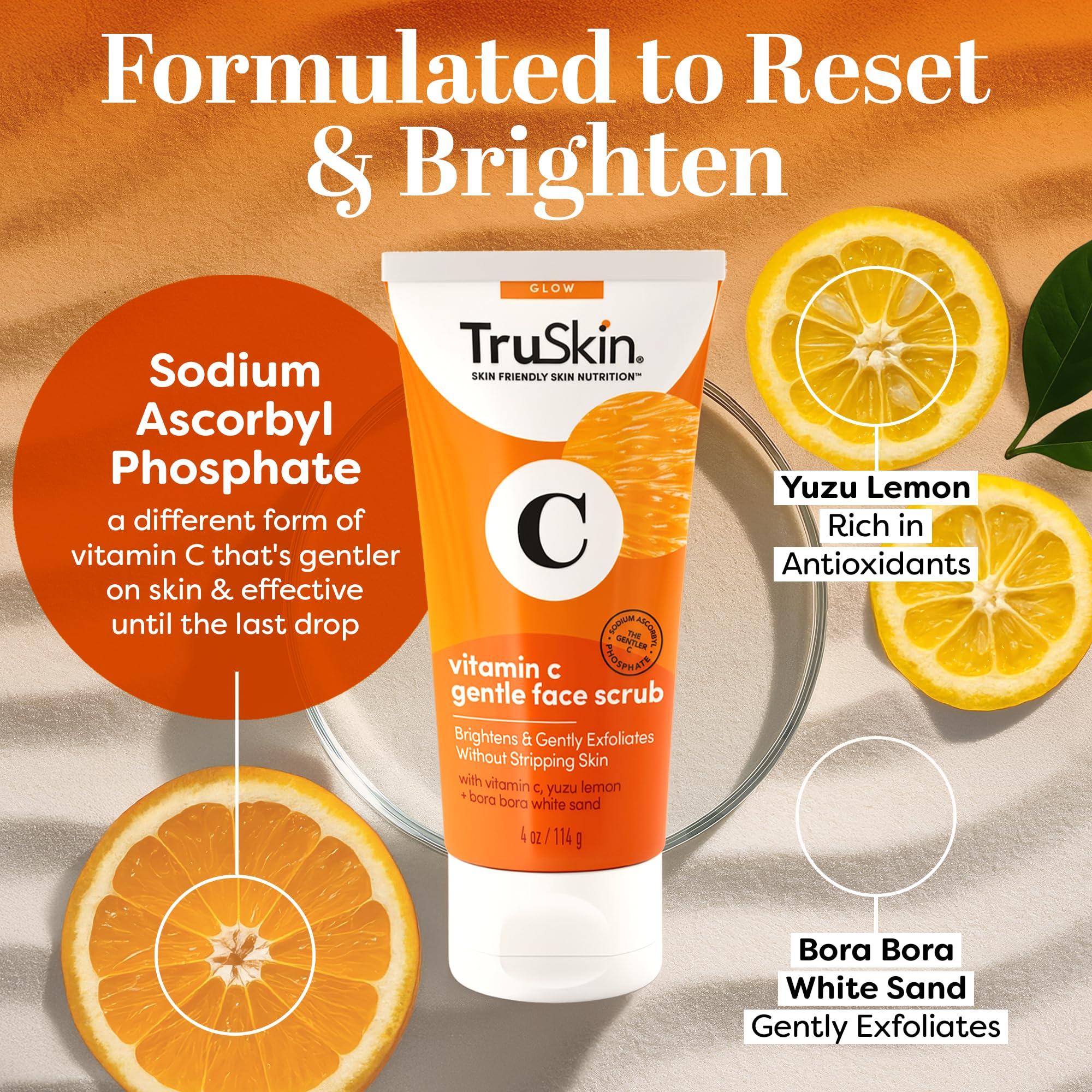 TruSkin Naturals TruSkin Vitamin C Gentle Face Scrub - Brightening Daily Face Exfoliator for All Skin Types - Softens & Smooths Skin with Vitamin C, Yuzu Lemon, and Exfoliating Bora Bora White Sand - 4 Fl. Oz