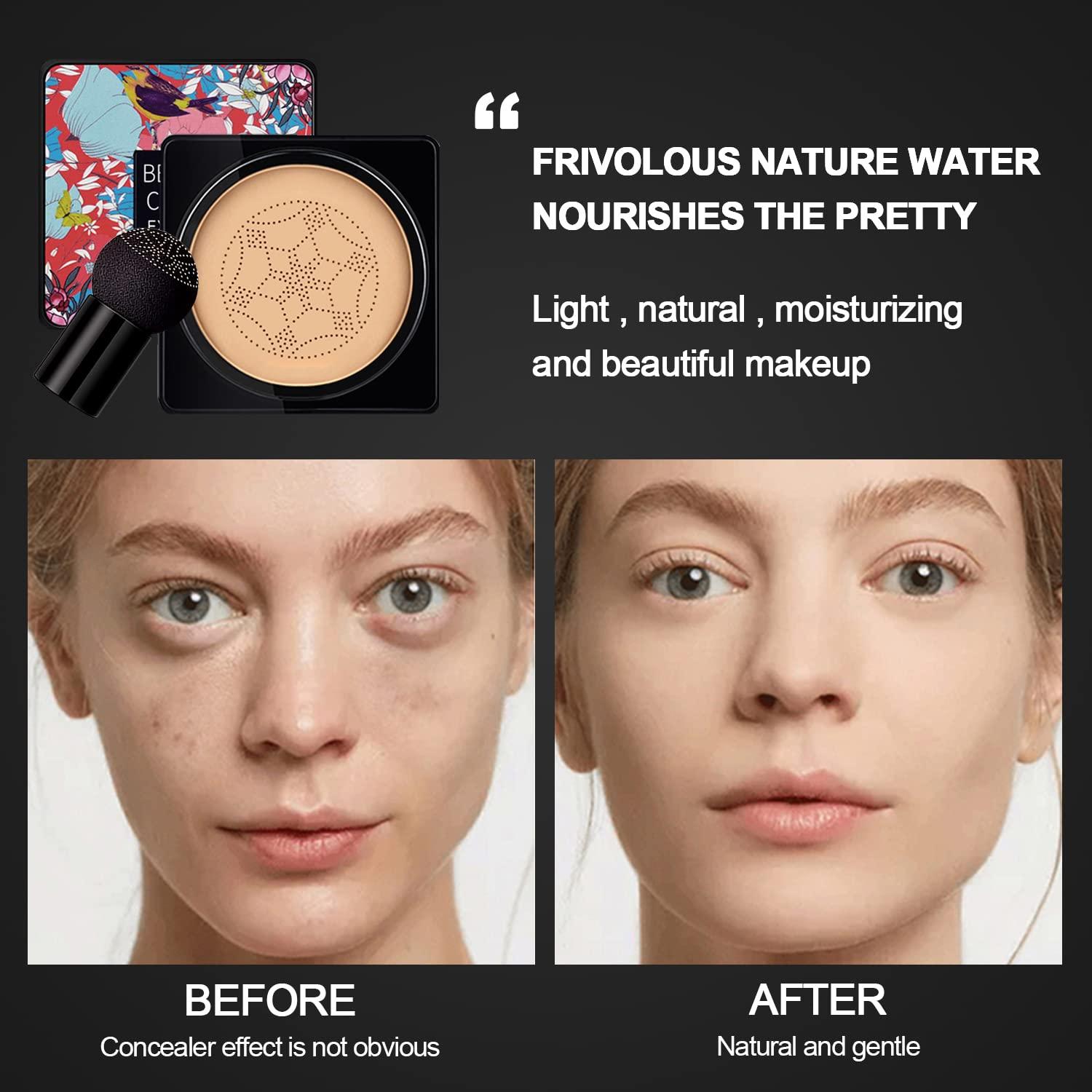 NUIBO 2PCS Mushroom Head Air Cushion CC Cream Foundation, Beauty Cream EXO TOO BB Cream, Moisturizing, Long Lasting, Matte, Light Weight, Waterproof Liquid Foundation with 2PCS Mushroom Head Sponges