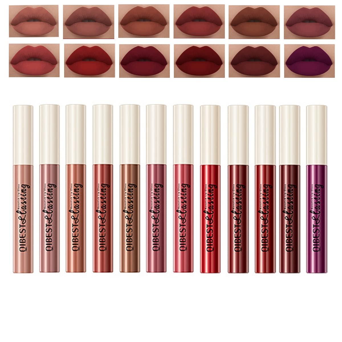 Pakivs Pakivs 12Pcs Matte Liquid Lipstick Set, Dark Bright Red 24-hour Lip Gloss Kit Long-Lasting Waterproof Lip Stain Non-Stick Cup Not Lipgloss Set for Women