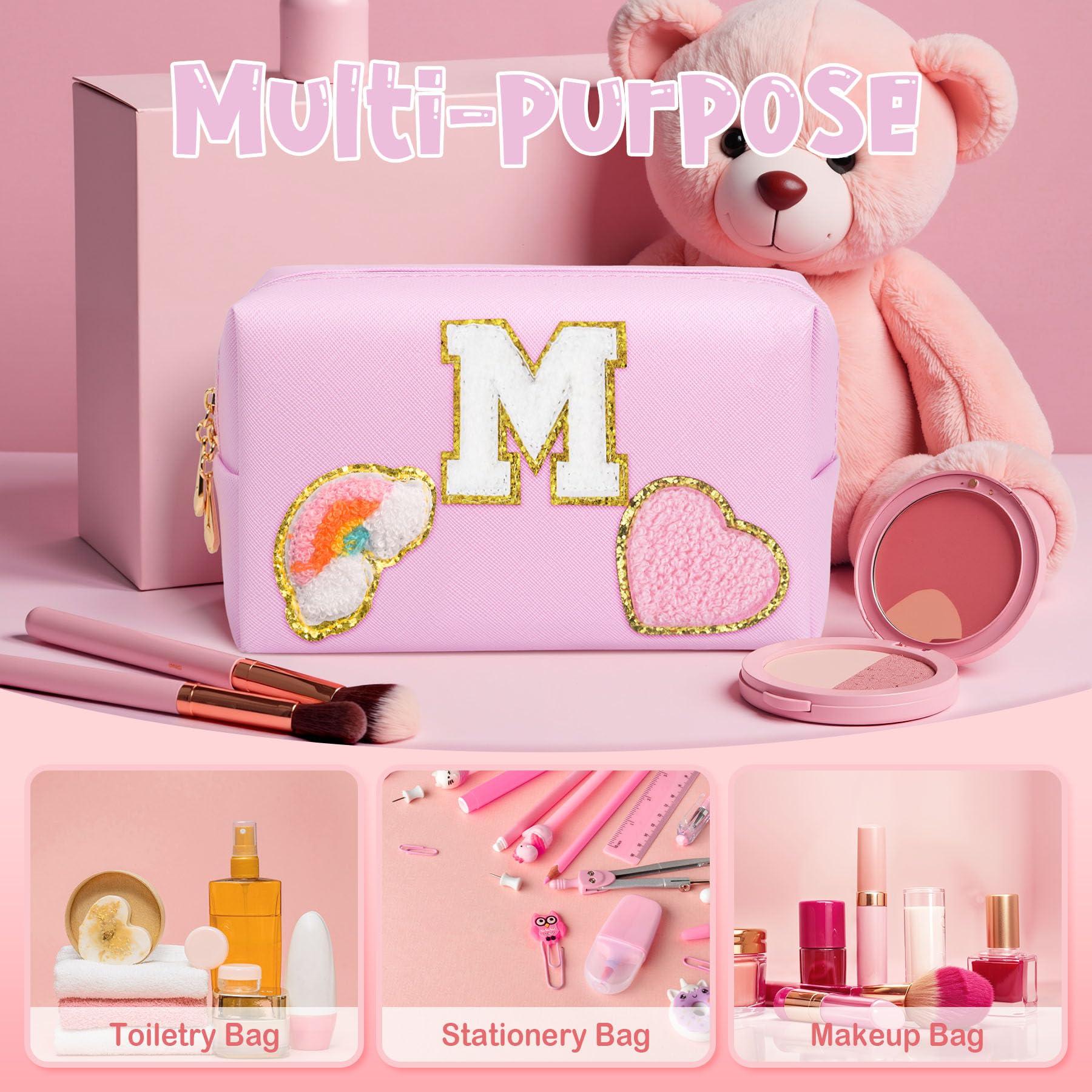 Elilier Elilier Girls Gifts for Kids, Personalized Initial Makeup Bag Pink Cosmetic Bag Travel Toiletry Bag Gifts 4 5 6 7 8 9 10 11 12 Years Old Girl Gifts Teen Girl Gifts Trendy Stuff (Medium)