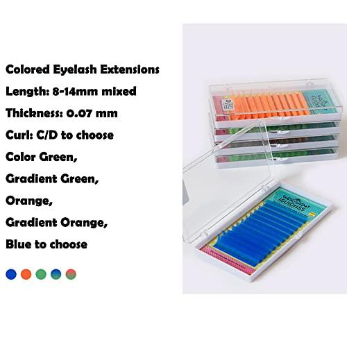 NinthAvenue Basics Colored Lash Extensions UV Neon Lash, 8-14mm Mixed, Green, Orange, Blue, Easy Fanning, C/D Curl, 0.07mm, Individual Colored Lashes (Curl D-0.07MM, Gradient Green)