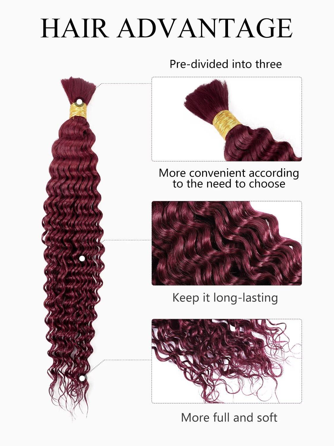peekaboo Human Braiding Hair 1 Bundle 50g 20 Inch Deep Water Wave Bulk Human Hair for Braiding No Weft 10A Brazilian Virgin Curly Human Hair Extensions for Boho Braids Wet and Wavy Red Burgundy Braiding Hair
