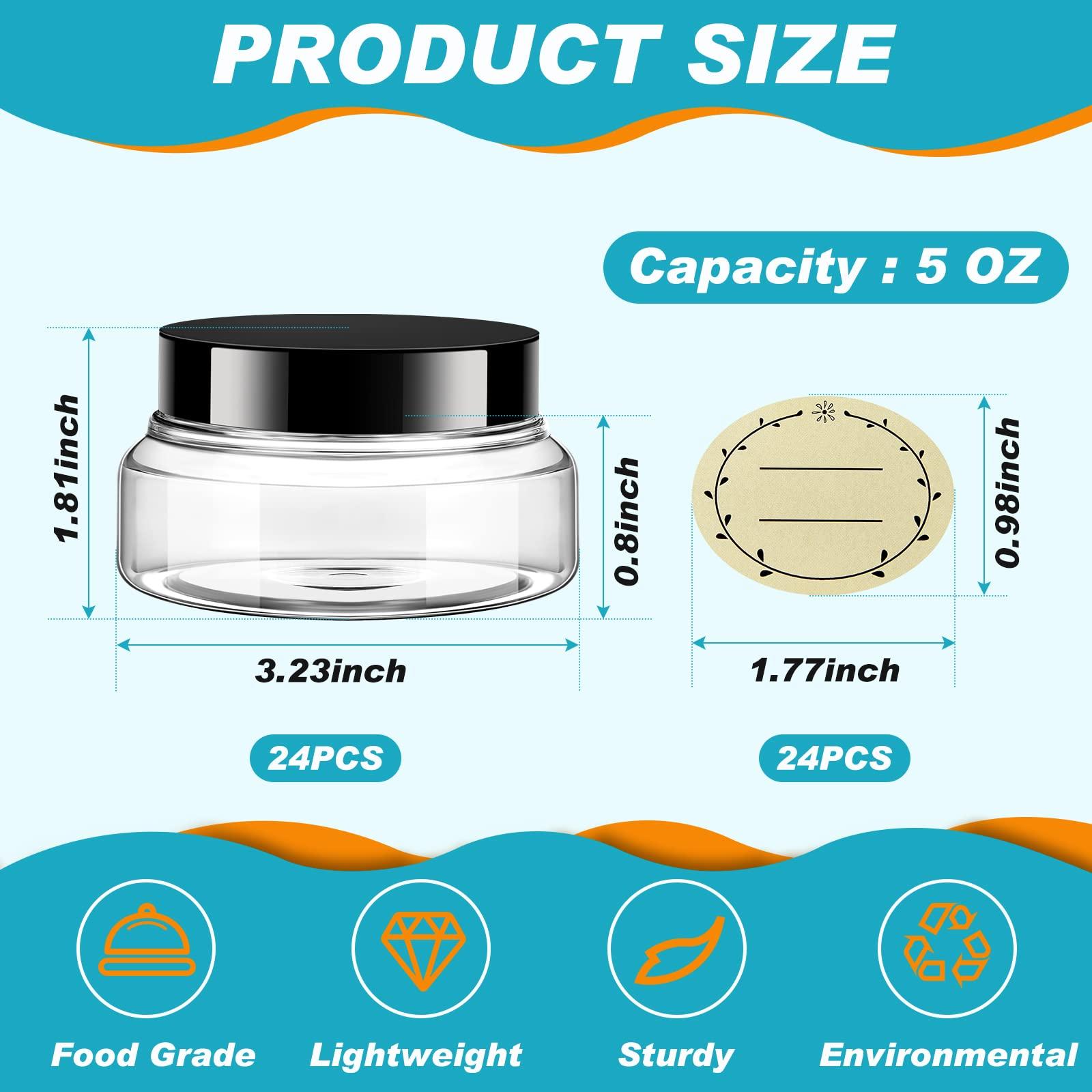 Tessco Tessco 24 Pack Plastic Jars with Lids Labels Empty Clear Plastic Jars Round Refillable Cosmetic Containers Body Butter Containers Bulk Sugar Scrub Bottle for Make Up(5 oz,Clear)