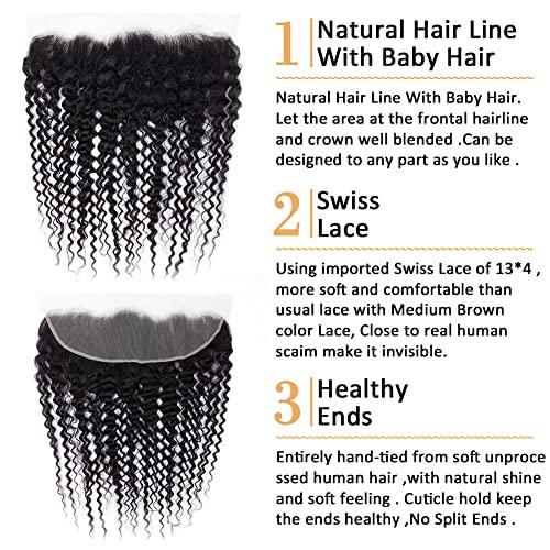 ROYAL IMPRESSION Deep Wave Ear To Ear 13x4 HD Lace Frontal Closure 100% Unprocessed Brazilian Virgin Human Hair Swiss Lace Frontal Closure 180% Density Brazilian Deep Curly Frontal Closures Natural Color (22 Inch)
