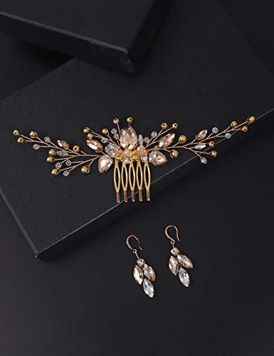 BERYUAN BERYUAN Women Champagne Crystal Earring Hair Vine Set Gold Wedding Hair Accessory Gold Hair Comb Party Prom Headpiece for Bride Bridesmaid Girls