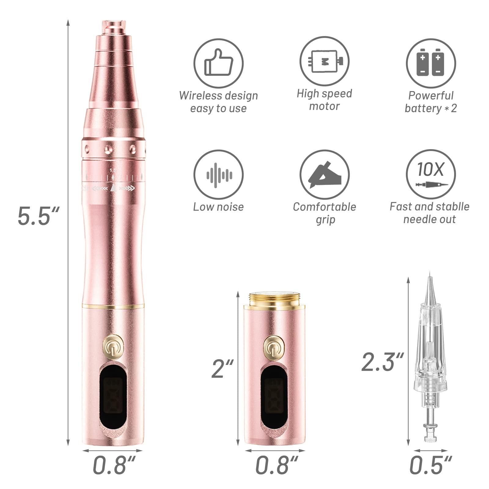 whalrace Whalrace PMU Machine with Digital Screen, Cordless Permanent Makeup Machine, Tattoo Machine Kit with 2 Lithium Batteries, 10pcs PMU Needles Microblading Machine - Rose Gold