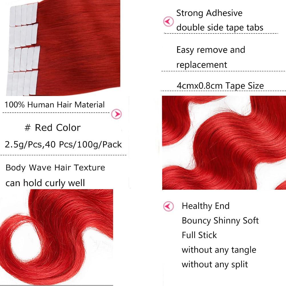 Kiss darling LASHES Red Tape in Hair Extensions Human Hair, 24inch 100g 40Pcs Red Color Body Wave Tape in Hair Extensions Remy Human Hair,Seamless PU Skin Weft Tape ins Extensions