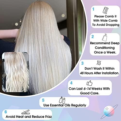 Hetto Hetto Tape in Hair Extensions Blonde Tape in Human Hair Extensions 18 Inch Pure Blonde Straight Tape on Hair Extension #60 Platinum Blonde 20Pcs 50g Skin Weft Tape