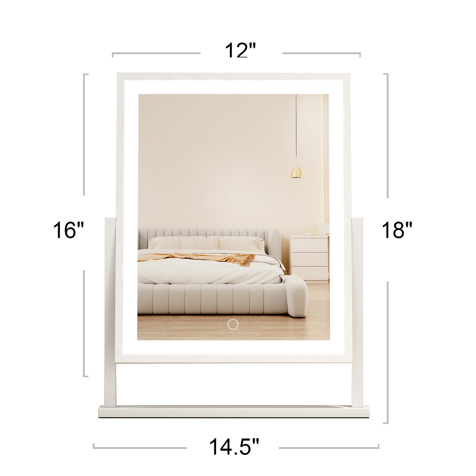 dicheng Lighted Makeup Mirror Hollywood Mirror Vanity Makeup Mirror with Light Smart Touch Control 3Colors Dimable Light 360°Rotation (16in, White)