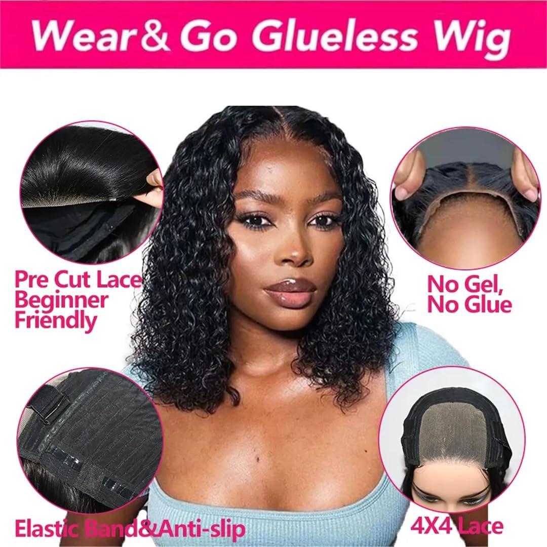 Wjnvfioo Wjnvfioo Water Wave Bob Glueless Wig Human Hair Ready To Wear And Go Short Bob Human Hair Wigs Pre Cut Lace Wigs For Women