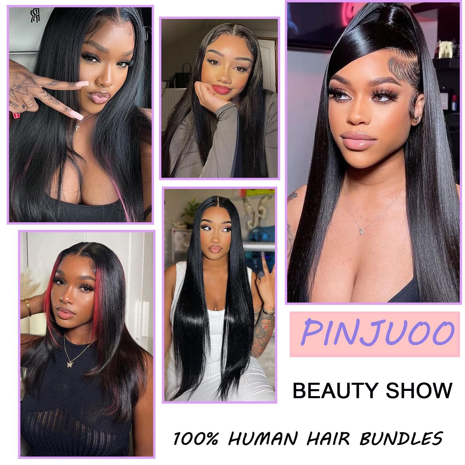 PINJUOO Pinjuoo Peruvian Hair Bundles 14 16 18 20 Inch 4 Straight Bundles Human Hair 100% Unprocessed Raw Virgin Hair Bundles Weave Natural Black Bundles Human Hair Extensions for Women