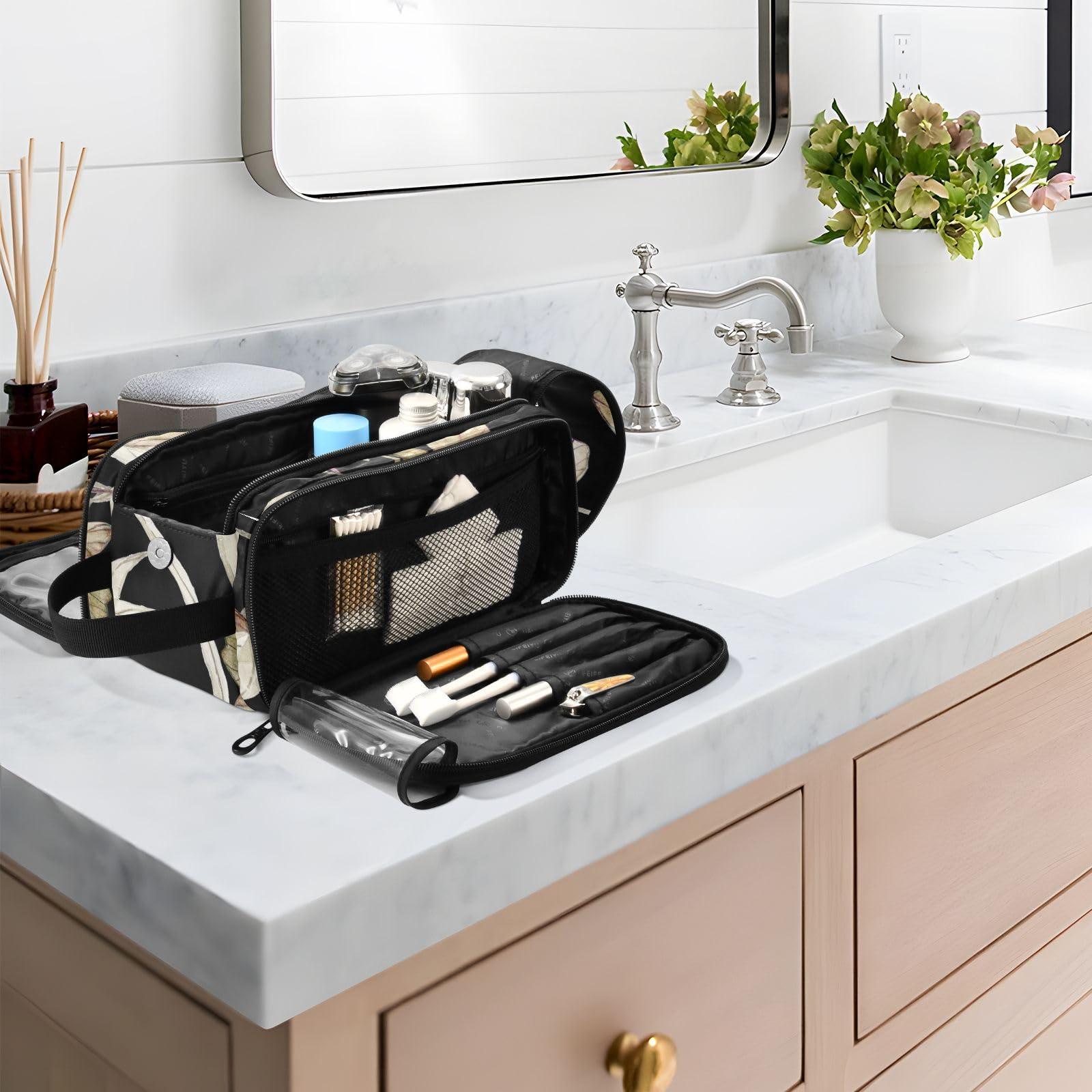 DALAWU Large Capacity Travel Cosmetic Bag for Women Dry Leaves and Hydrangea Flowers Travel Portable Cosmetic Pouch With Handle and Divider Flat Lay Bag Organizer Toiletry Bag Makeup Box for Skincare Cosmeti