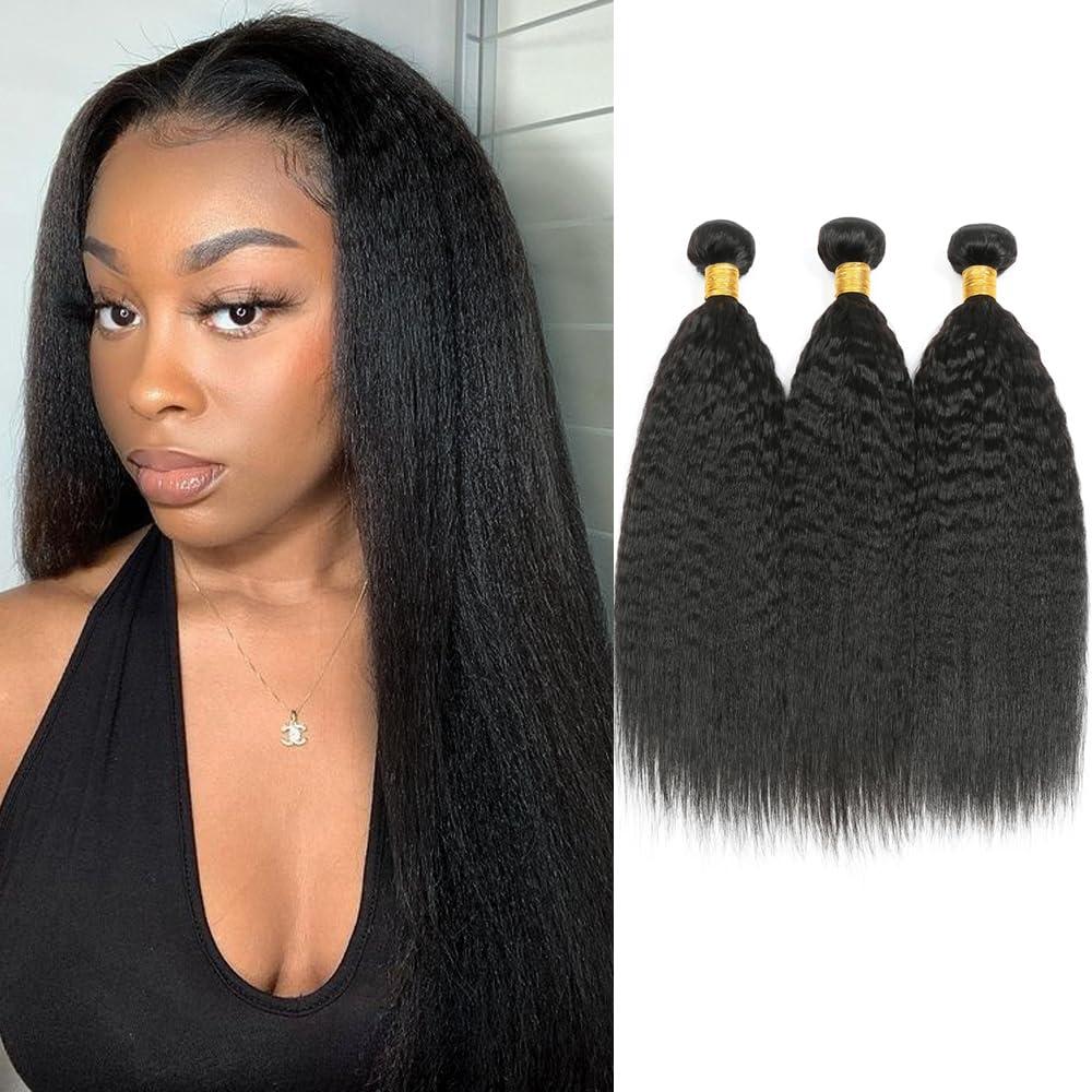 Genrein Yaki Straight Bundles Human Hair 16 18 20 Inch 100% Brazilian Unprocessed Kinky Straight Human Hair 3 Bundles 1B Color for Black Women