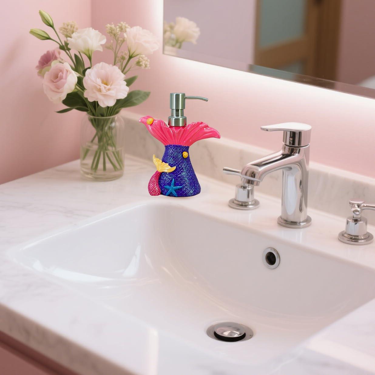 YHHRESINKING Mermaid soap Dispenser for Bathroom Kitchen, Resin Lotion Dispenser, Liquid Hand soap Dispenser with Pump Bottle for Kitchen Sink and Bathroom Lavatory, Home Decor Organizer (Purple)